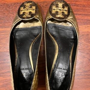 Tory Burch gold peep toe wedge sandal size 5.5